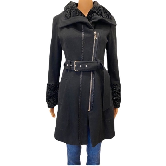 GUESS MELTON WOOL BLEND ASYMMETRICAL ZIP PEACOAT - Picture 5 of 9